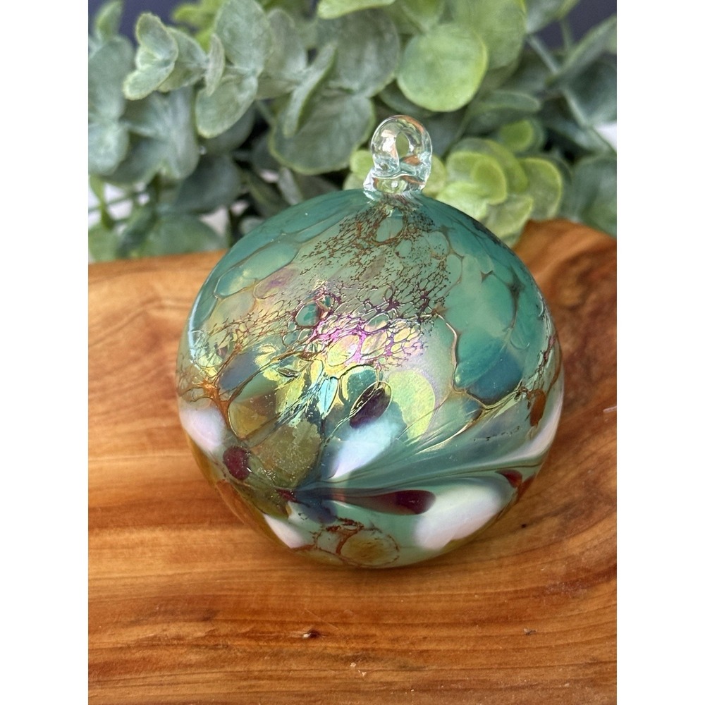 Hand Blown Art Glass Hanging Ornament Iridescent Studio Glass Multi Color 2.5"